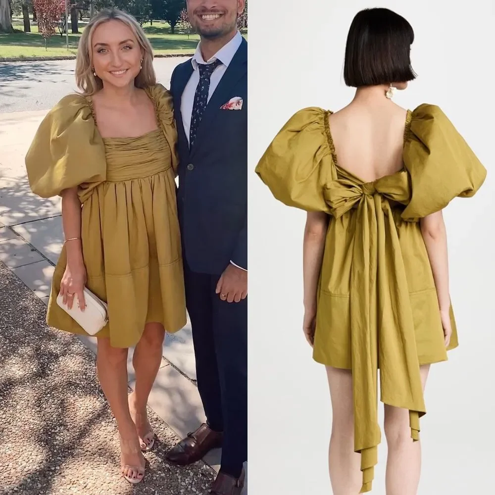 Aje Casabianca Puff Sleeve Bow Mini Dress Olive Green Smock Size AU 10 US 6 - Picture 16 of 16